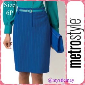 NEW Sapphire Blue Pinstripe Belted Pencil Skirt Size 6 Petites w Teal Belt NWT